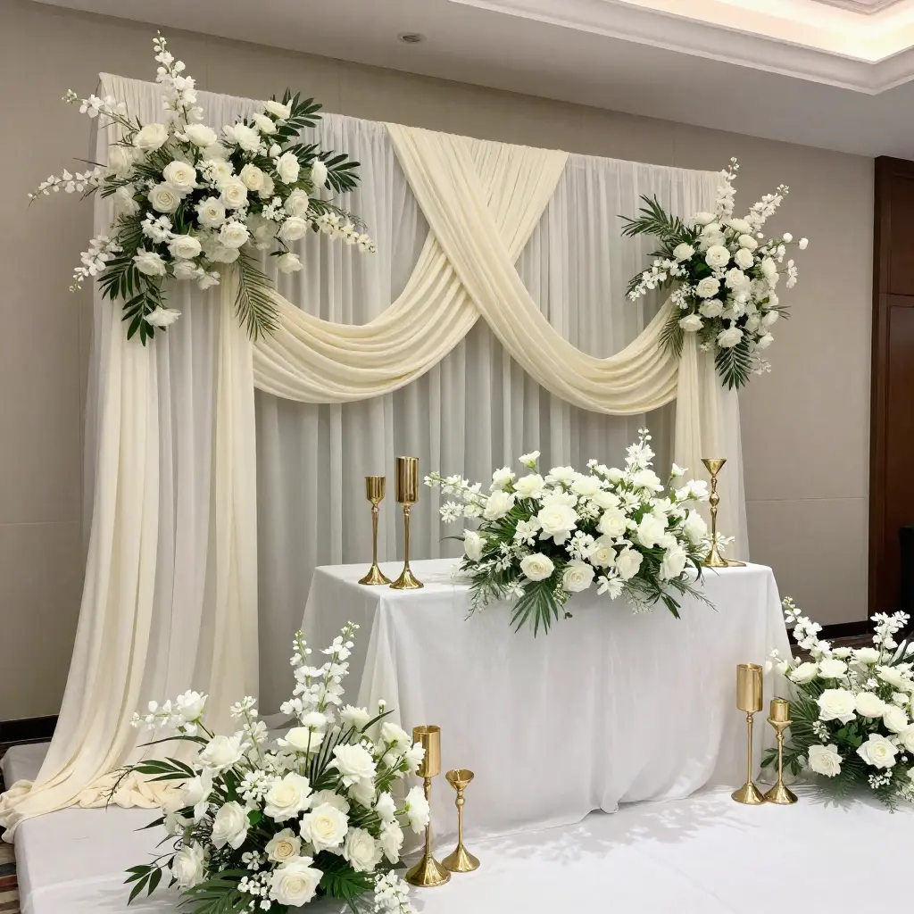 Elegant event decoration setup with floral arrangements