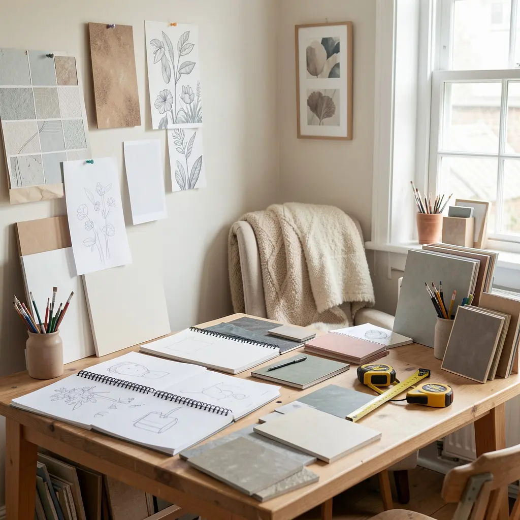 Our creative team workspace with decoration samples